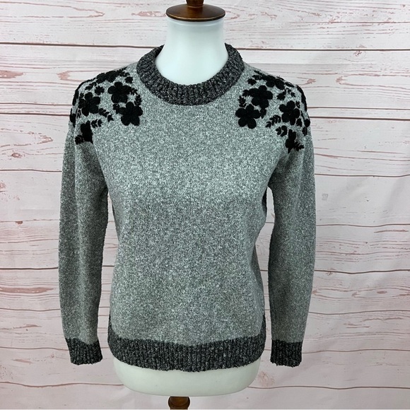 Heartloom Embroidered Floral Heathered Grey Pullover Sweater - Picture 1 of 8